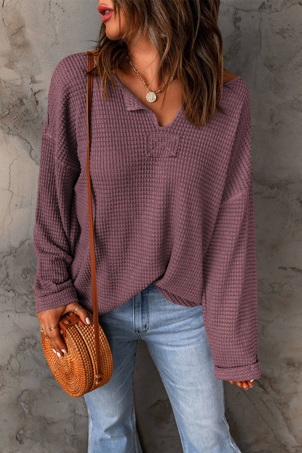 Waffle Knit Loose Long Sleeve Top - 4 Colors: Apricot