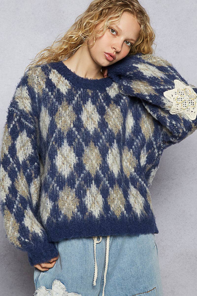 Round Neck Balloon Sleeve Argyle Mohair Sweater Top