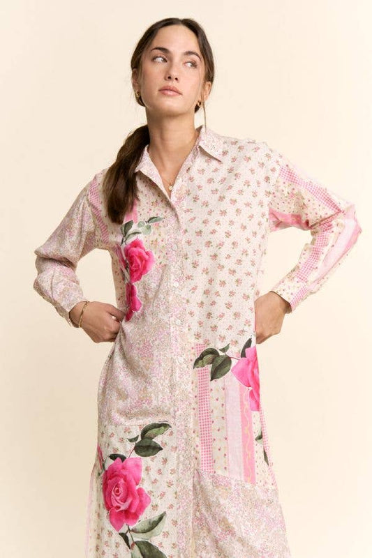 PRINTED FLOWER PATCHED MAXI DUSTER SHIRT TOP: IVORY PINK MULTI / M