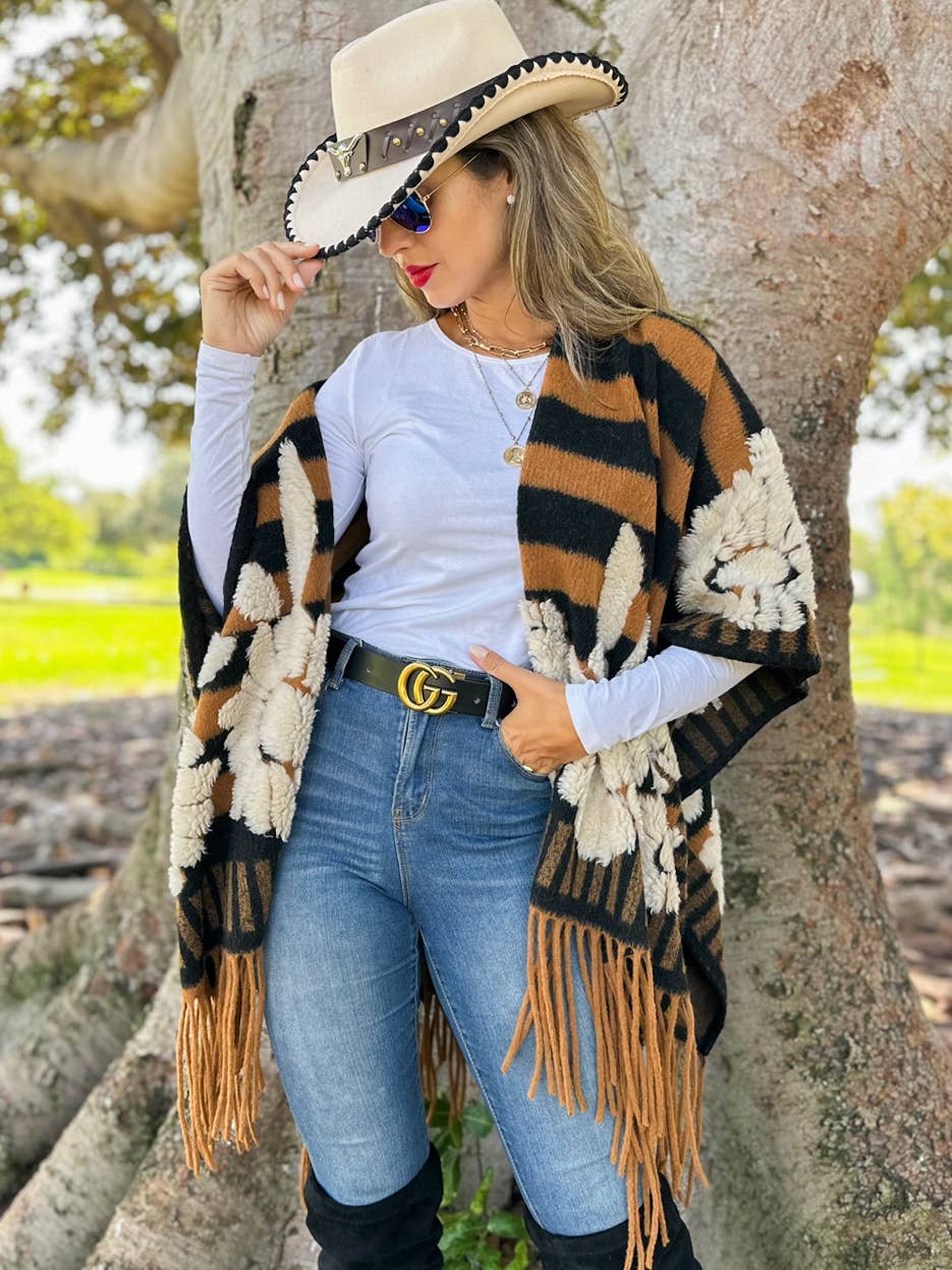 Brown Western Boho 3D Floral Fringe Ruana Cardigan: Brown / One Size