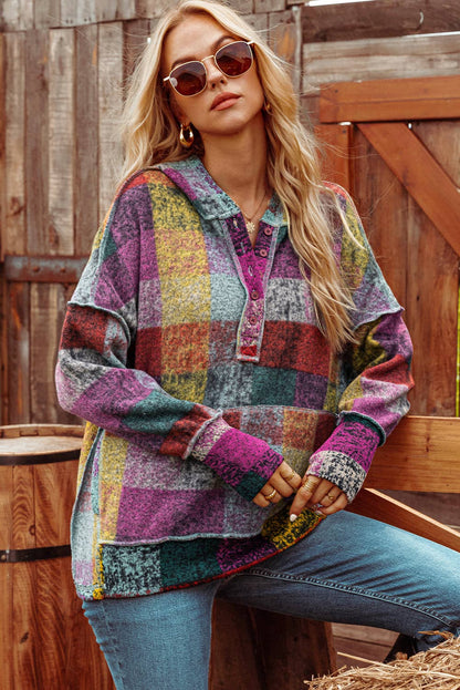 Brushed Colorful Plaid Buttoned Pullover Oversized Hoodie