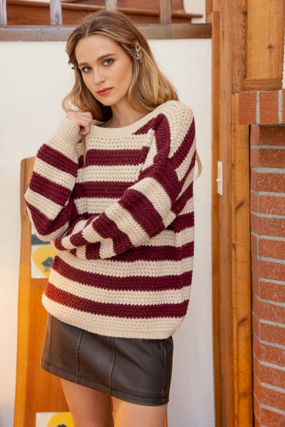 RELAXED STRIPE LONG SLEEVE PULLOVER KNIT SWEATER: OXBLOOD