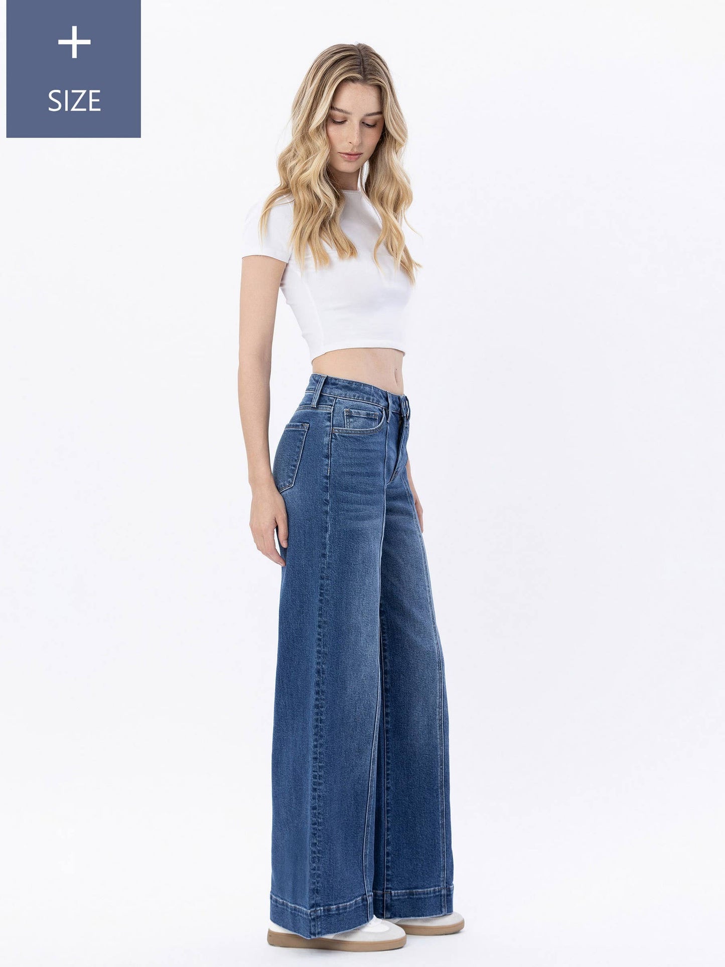 PLUS SIZE HIGH RISE TROUSER HEM WIDE LEG JEANS