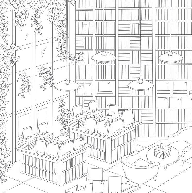 Cozy Bookshops: Colouring Book