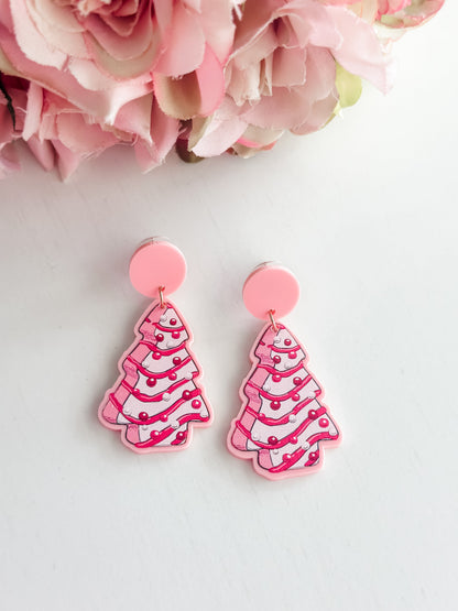 Pink Dangle Christmas Tree Earrings