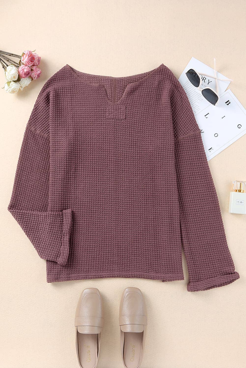 Waffle Knit Loose Long Sleeve Top - 4 Colors: Apricot