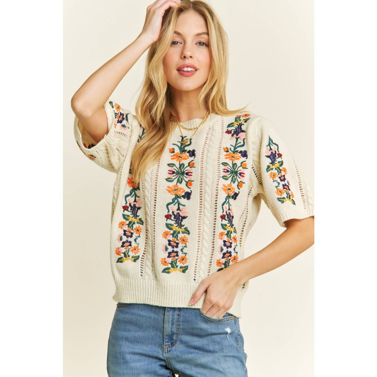 CUTE FLORAL EMBROIDERY CASUAL PULLOVER SWEATER