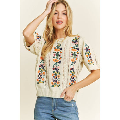 CUTE FLORAL EMBROIDERY CASUAL PULLOVER SWEATER