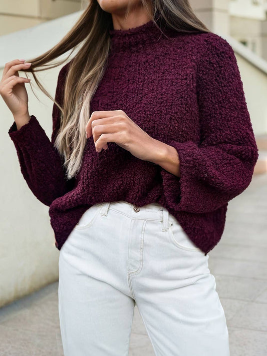 Stand Neck Long Sleeve Sweater: Burgundy