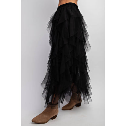 CASCADING TULLE MESH LAYERED MAX SKIRT: Mocha