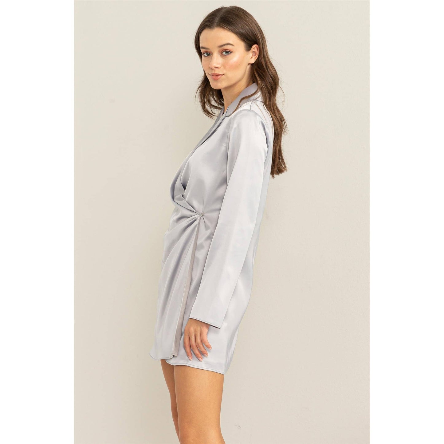 SATIN BLAZER DRESS: LIGHT GRAY