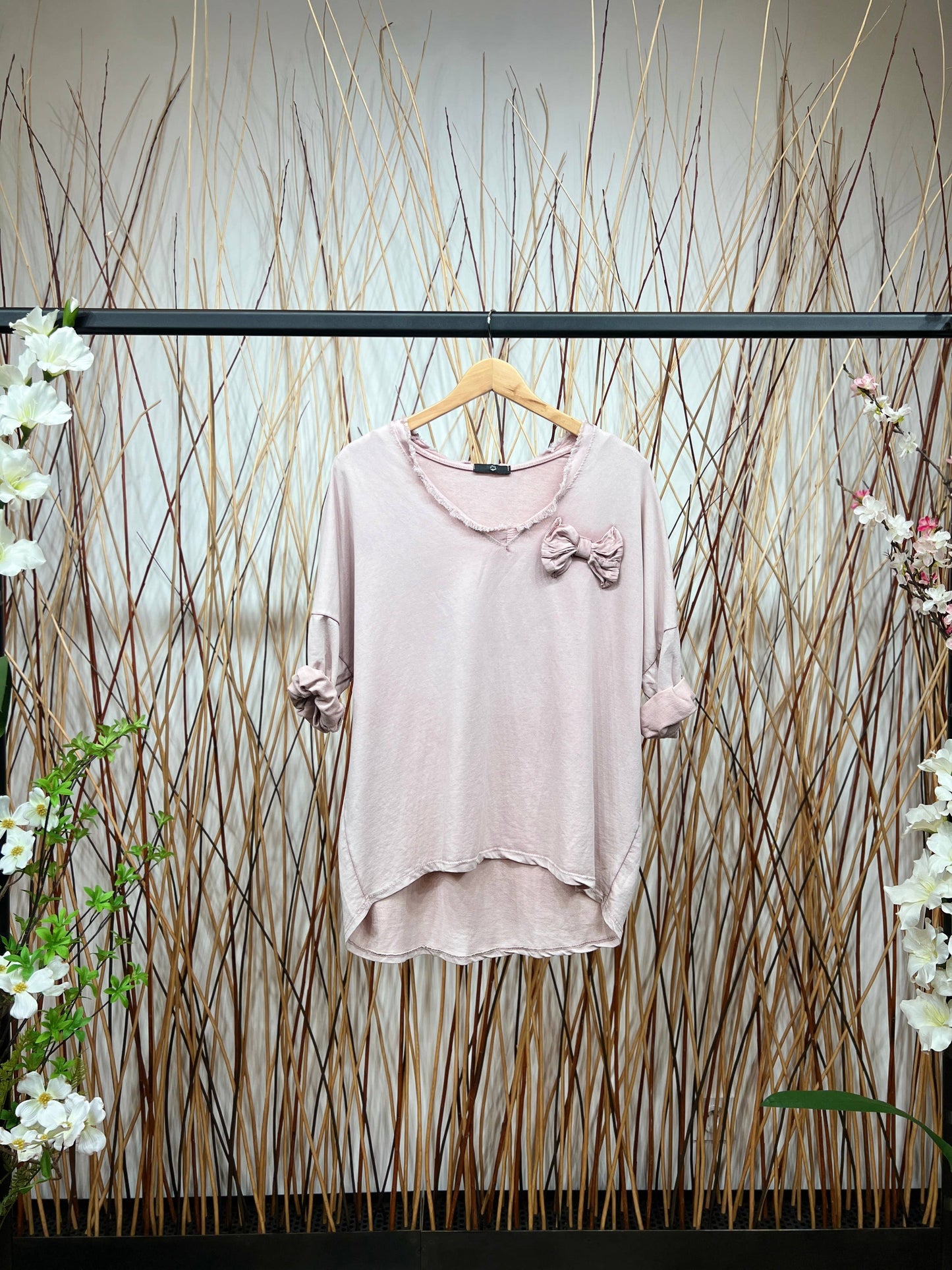 Bow Decoration Long Sleeve V-Neck T-Shirt: Pink