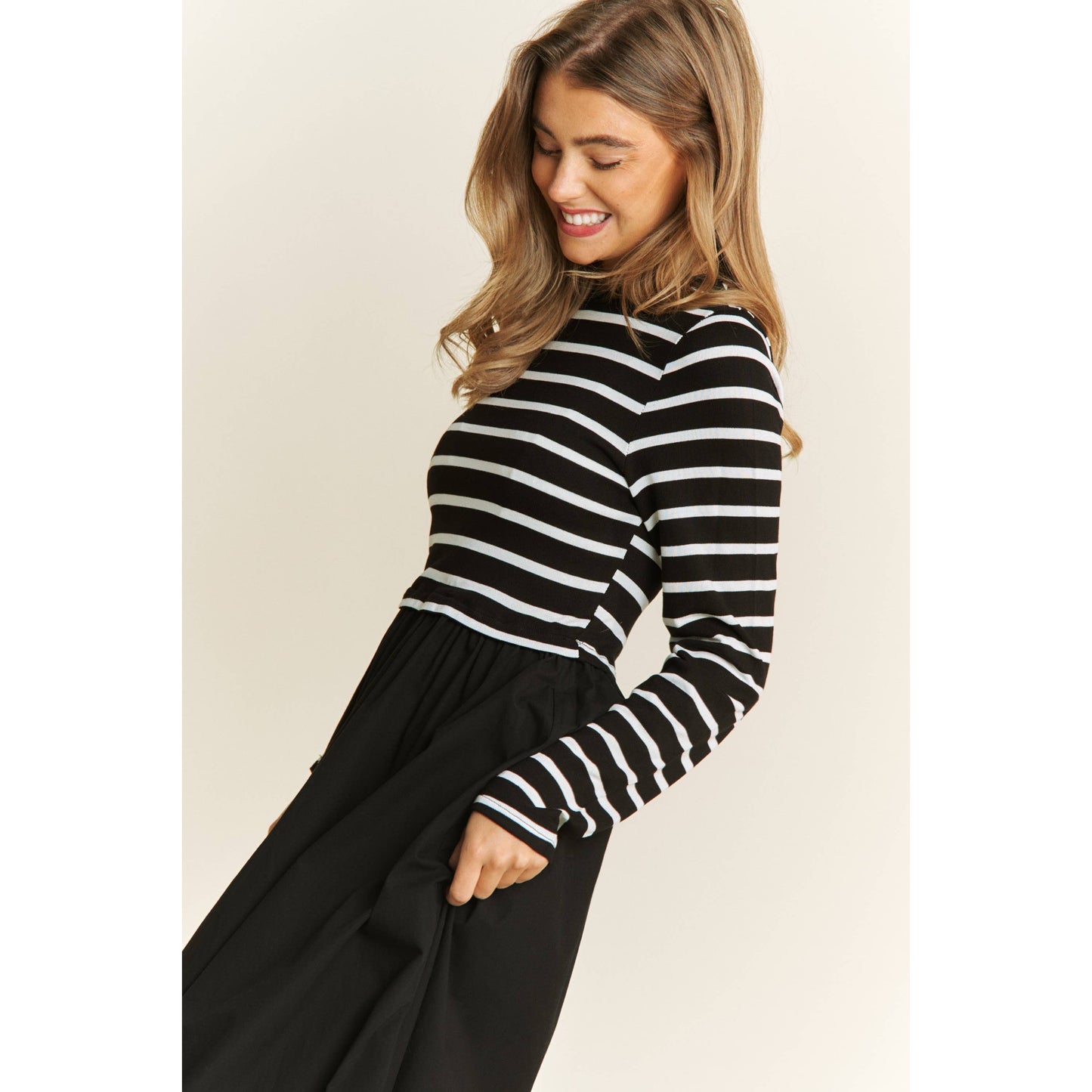 COTTON MAXI DRESS WITH KNIT STRIPE TOP WITH LONG SLEEVES