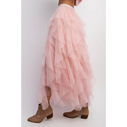 CASCADING TULLE MESH LAYERED MAX SKIRT: Mocha