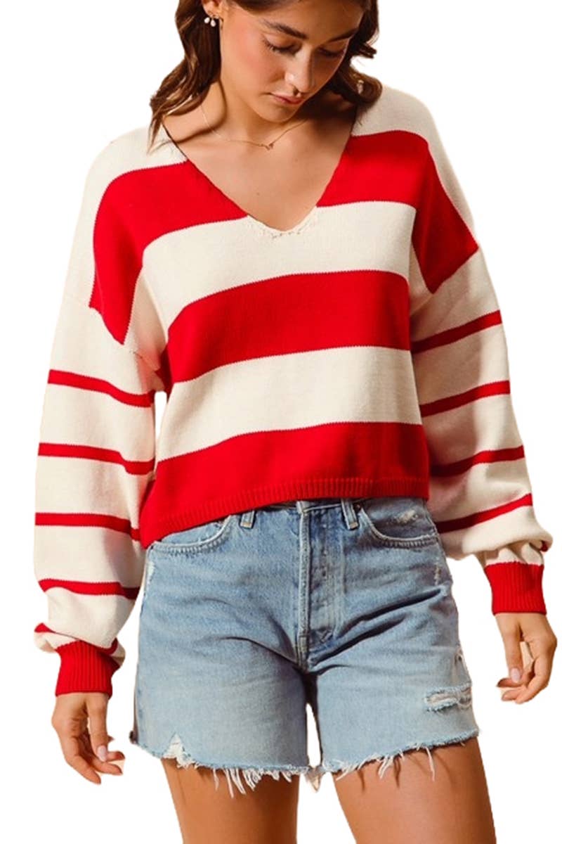 Stripe Knitted V Neck Loose Fit Sweater: RED/IVORY