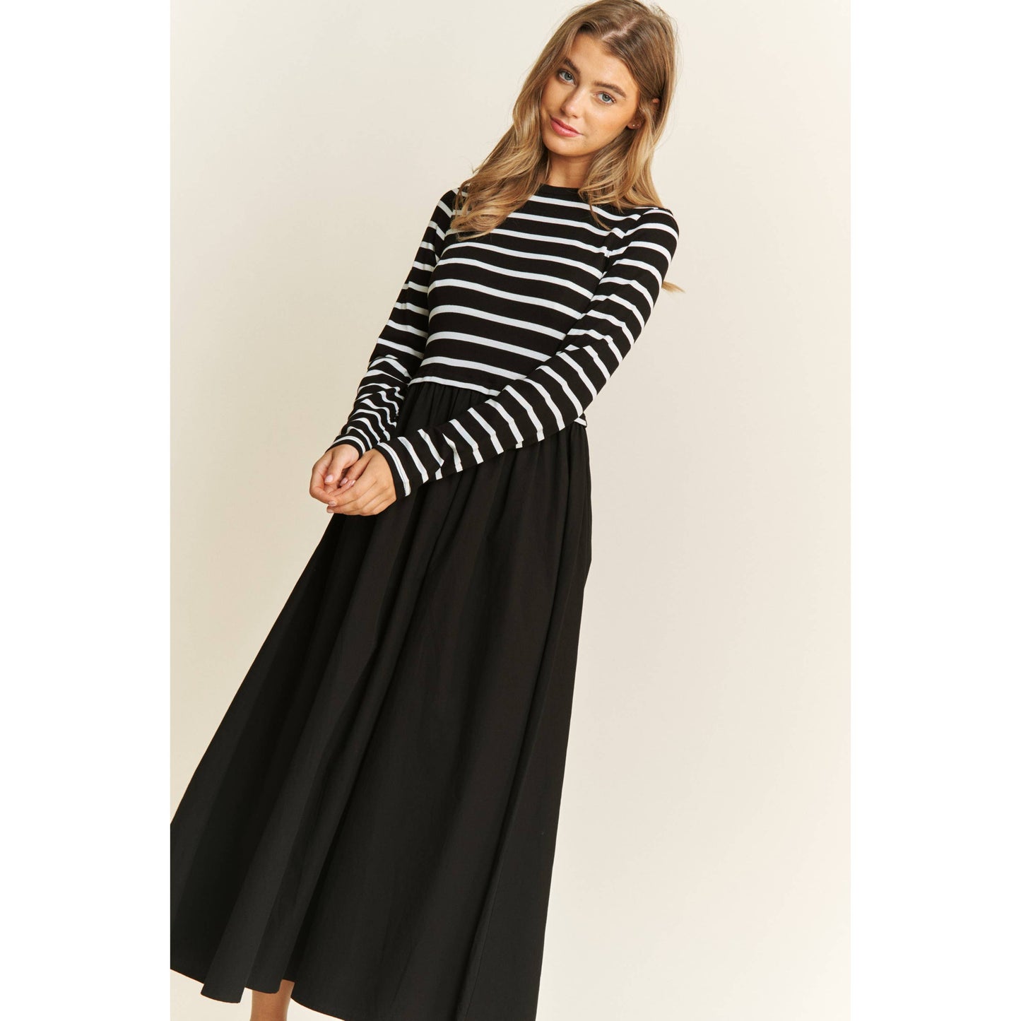 COTTON MAXI DRESS WITH KNIT STRIPE TOP WITH LONG SLEEVES