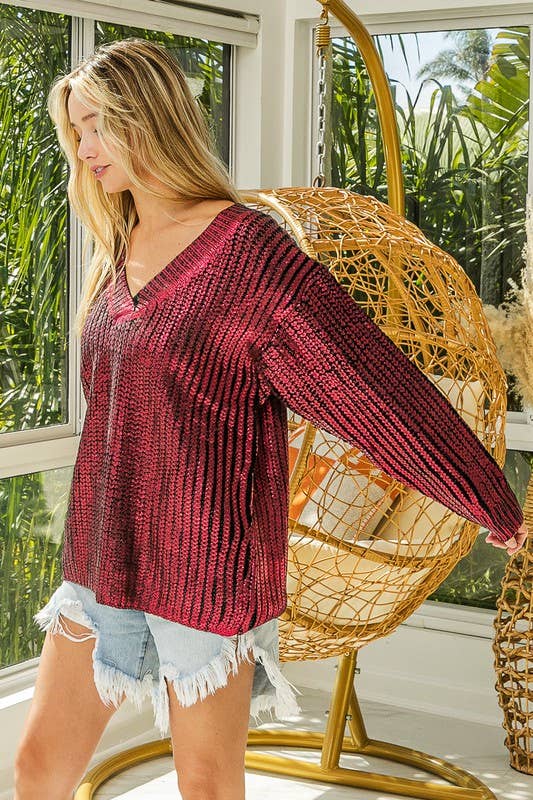 Red Metallic Knit V-neck Open Sweater