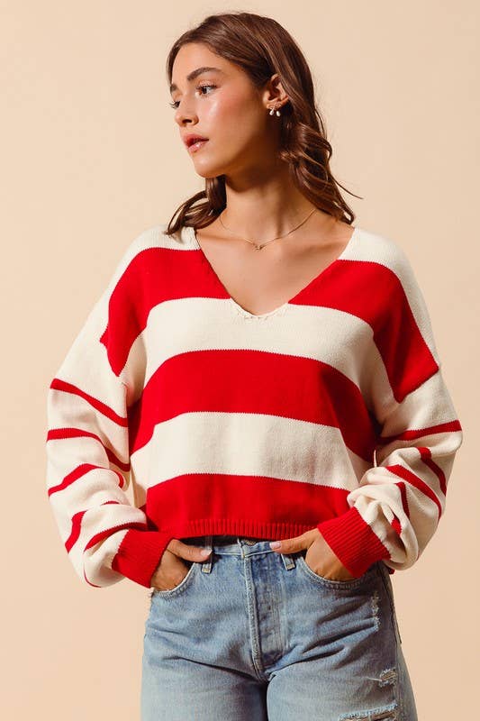 Stripe Knitted V Neck Loose Fit Sweater: RED/IVORY