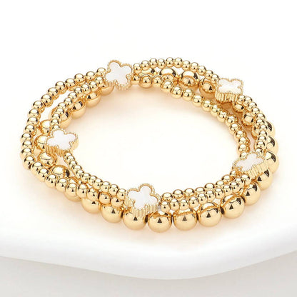 3PCS - Quatrefoil Station Metal Ball Beaded Multi Bracelets: Pearl