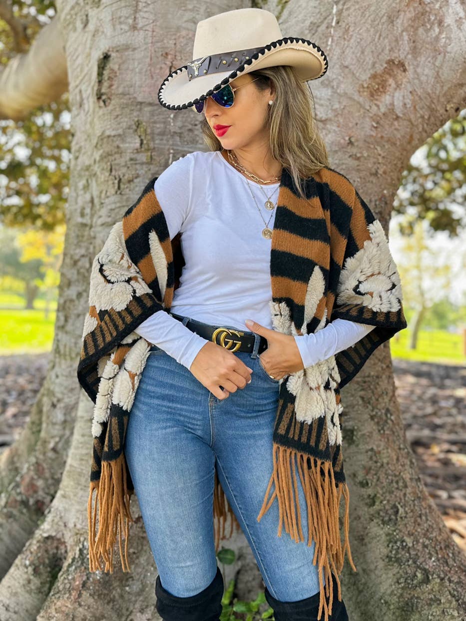 Brown Western Boho 3D Floral Fringe Ruana Cardigan: Brown / One Size