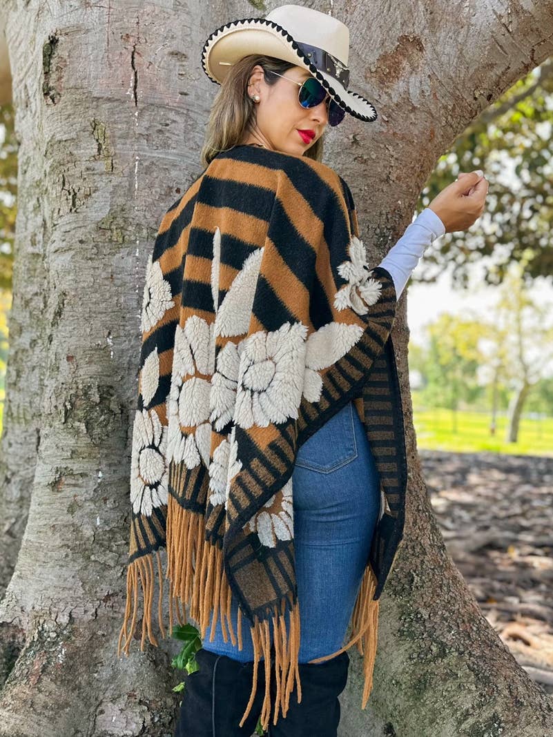 Brown Western Boho 3D Floral Fringe Ruana Cardigan: Brown / One Size