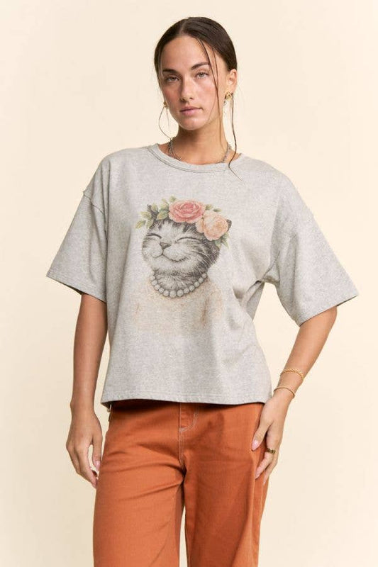 BLOSSOM-CROWNED KITTY PRINTED TOP: Beige - Women > Tops