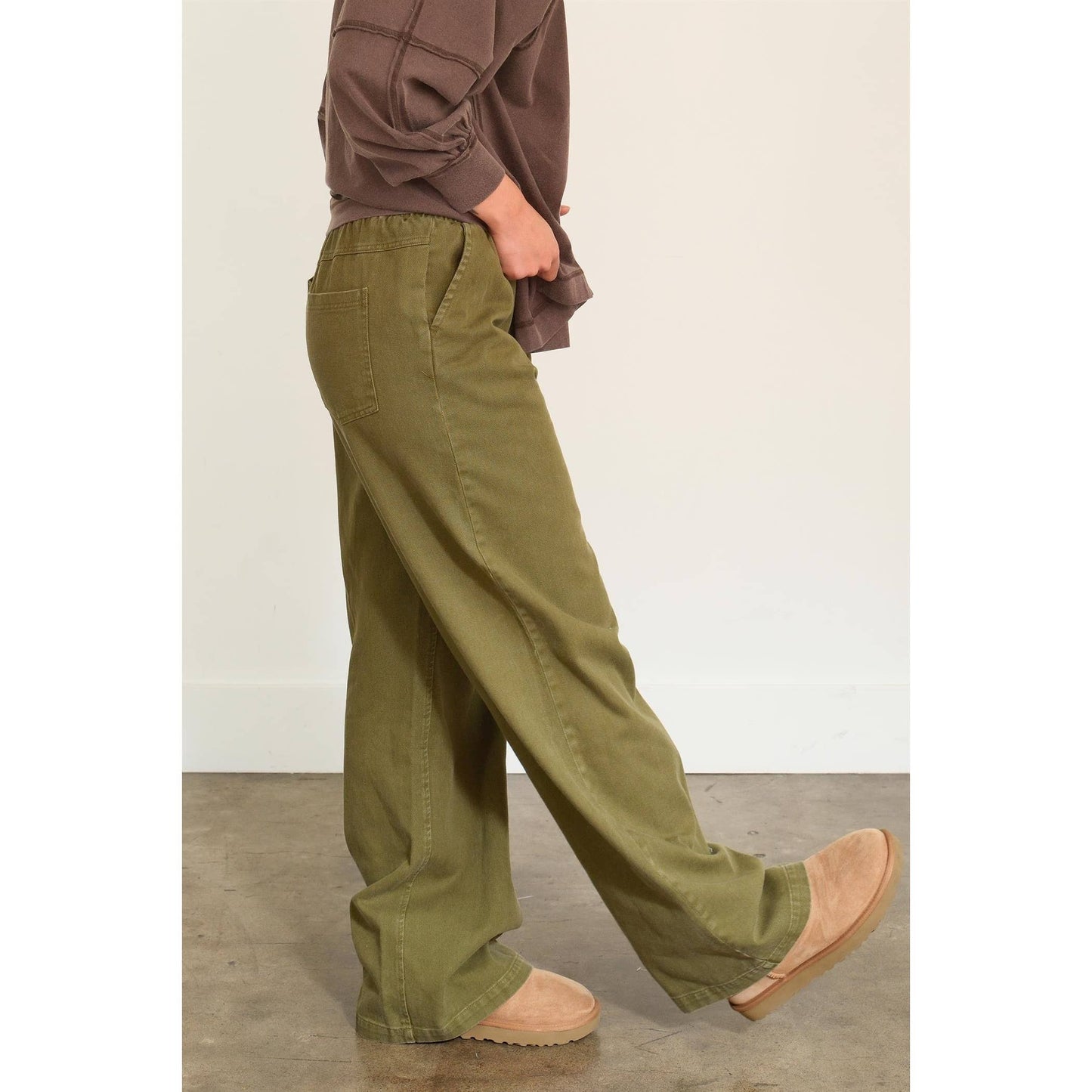 ELASTIC HIGH WAIST WIDE LEG PANTS: MOSS