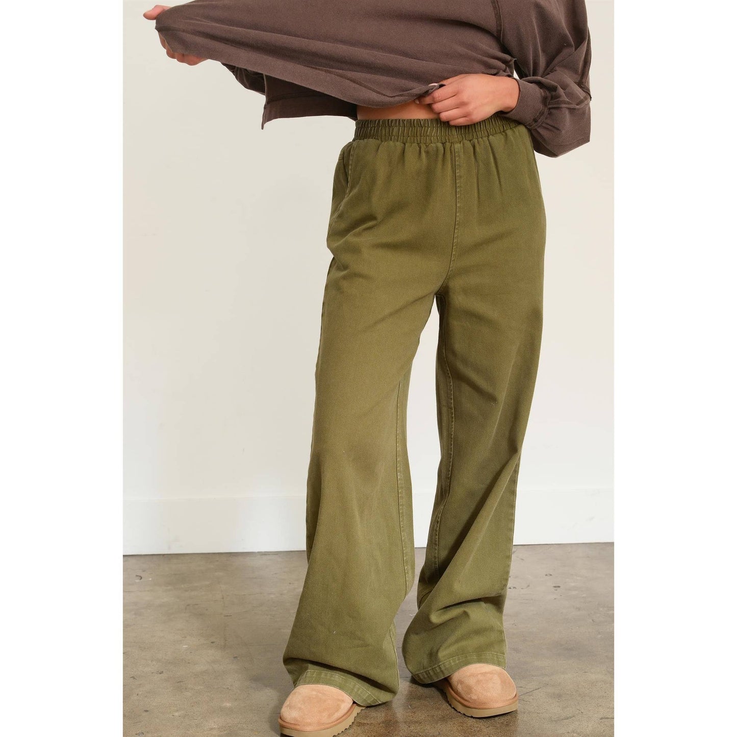 ELASTIC HIGH WAIST WIDE LEG PANTS: MOSS