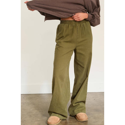 ELASTIC HIGH WAIST WIDE LEG PANTS: MOSS