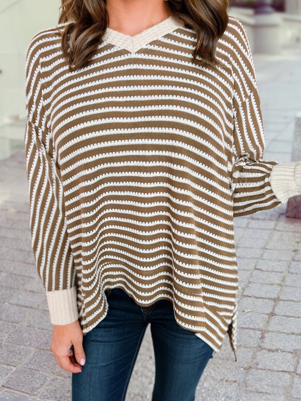 Plus Size Textured Dolman Sleeve High Low Top: Khaki Stripe
