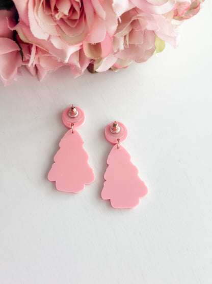 Pink Dangle Christmas Tree Earrings