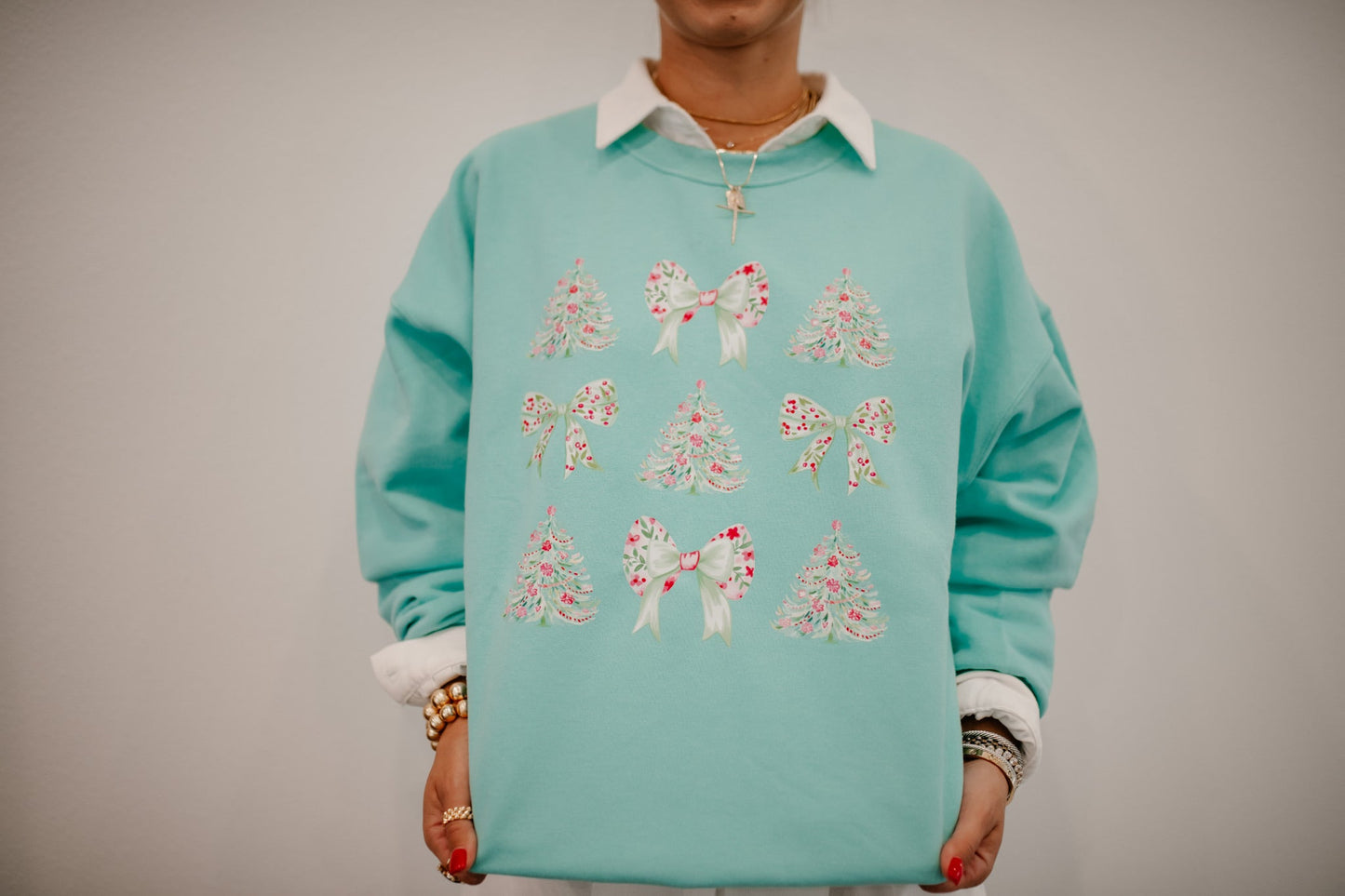 Mint Christmas Trees and Bows Sweatshirt