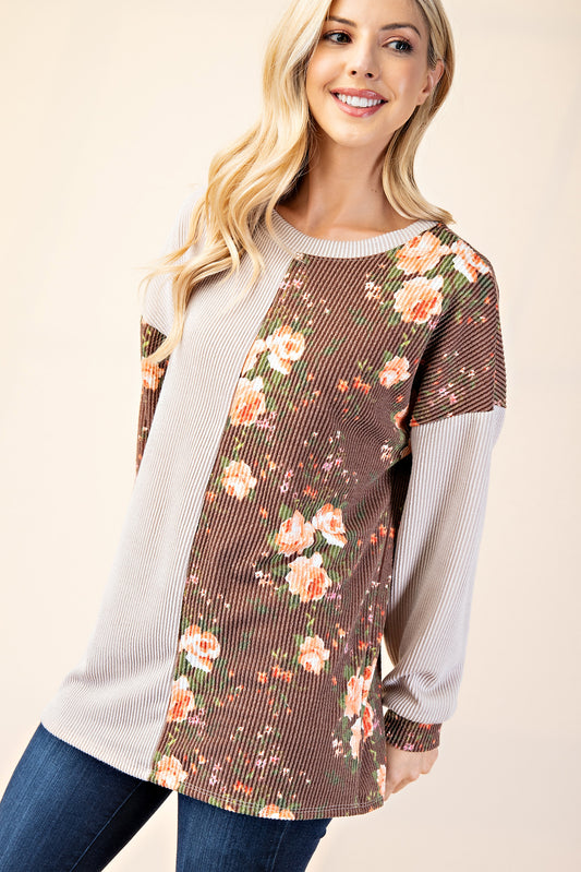 FLORAL CONTRAST LONG SLEEVE TOP RELAXED FIT