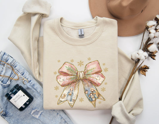 Coquette Nativity Bow Sweatshirt in Sand