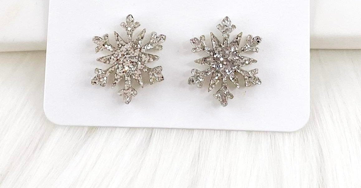 Silver Glittery Snowflake Stud Earrings