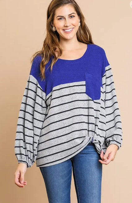 Long Sleeve Heathered Striped Round Neck Top Blue