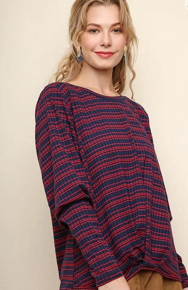 Striped Long Puff Sleeve Top with a Gathered Front Navy Red