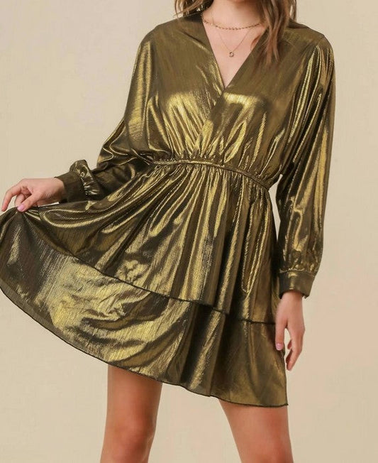 V Neck Metallic Dress with Tiered Details Gold - Posh Finds