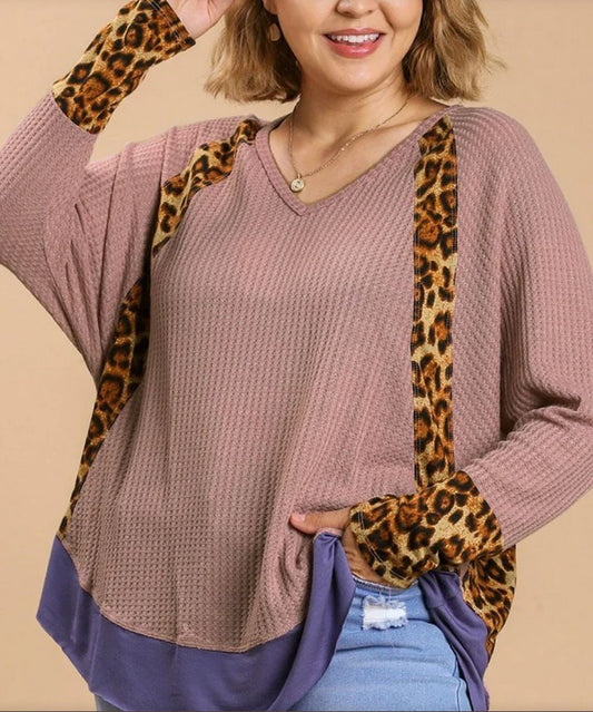 Plus Leopard High-Low Dolman Sleeve Waffle Knit Top Dusty Pink