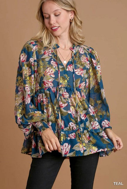 Teal and Gold Floral Print Blouse