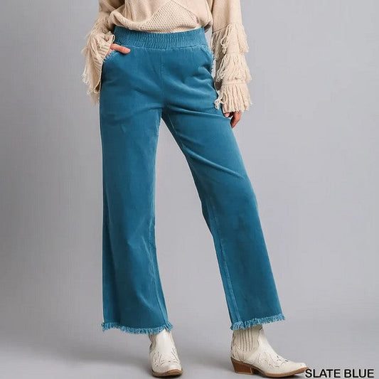 Slate Blue Pull On Corduroy Pants with Frayed Hem - Posh Finds