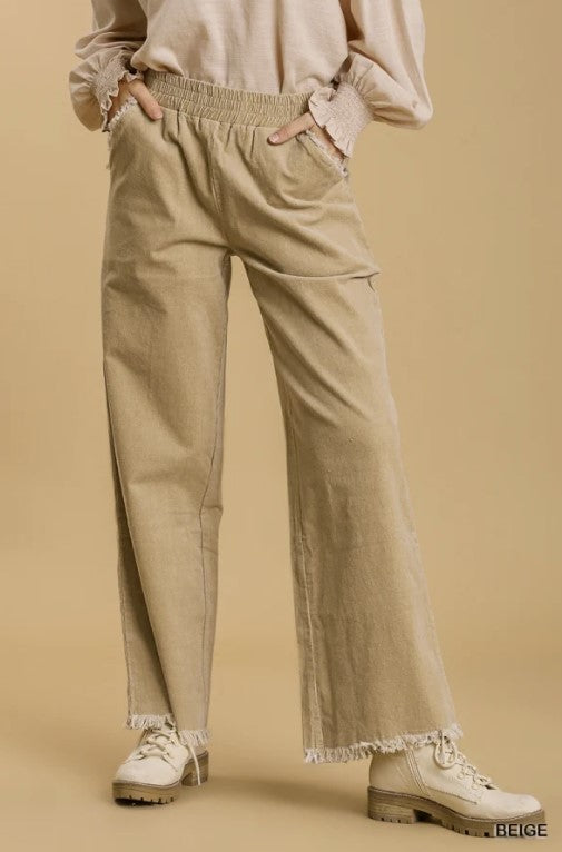 Beige Pull On Corduroy Pants with Frayed Hem - Posh Finds