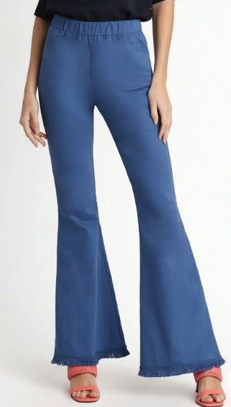 Wide Flare Pull On Stretch Pants with Frayed Hem Denim Blue - Posh Finds