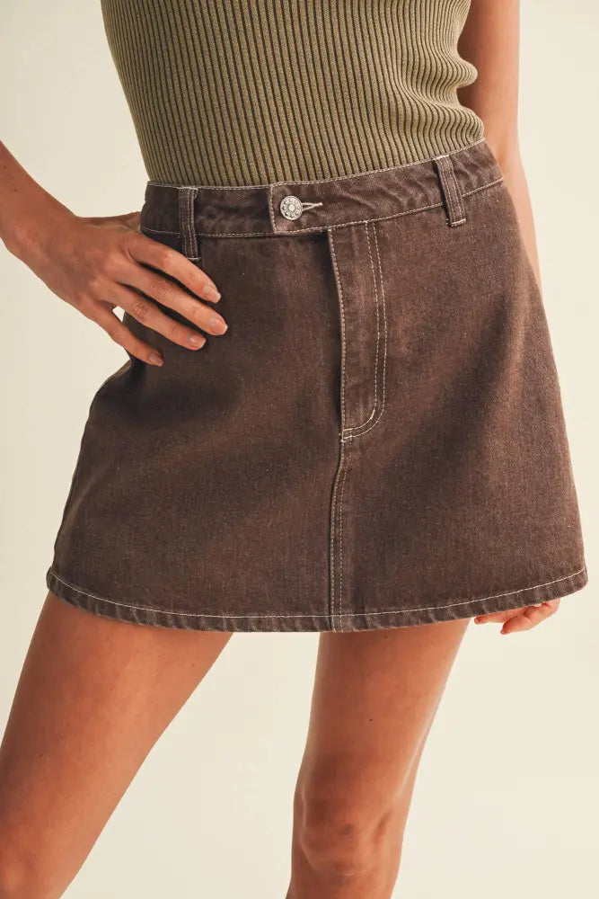 A-Line Garment-Dyed Denim Skort: CAMEL / L