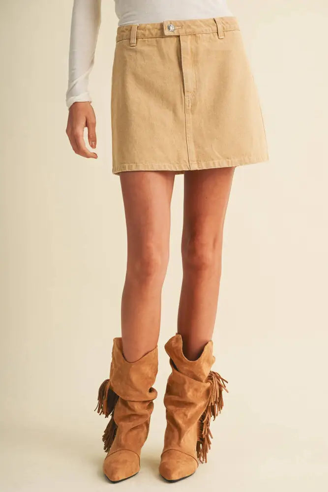 A-Line Garment-Dyed Denim Skort: CAMEL / L