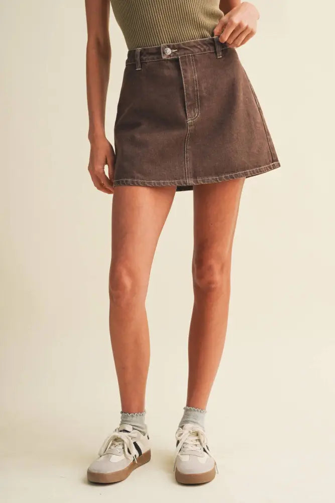 A-Line Garment-Dyed Denim Skort: CAMEL / M