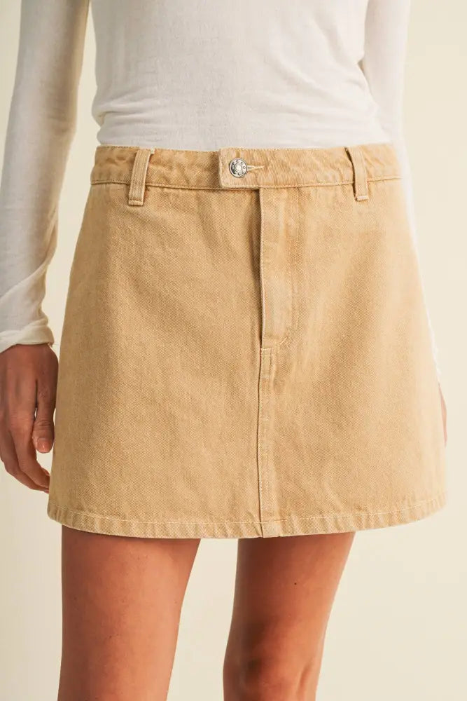 A-Line Garment-Dyed Denim Skort: CAMEL / S