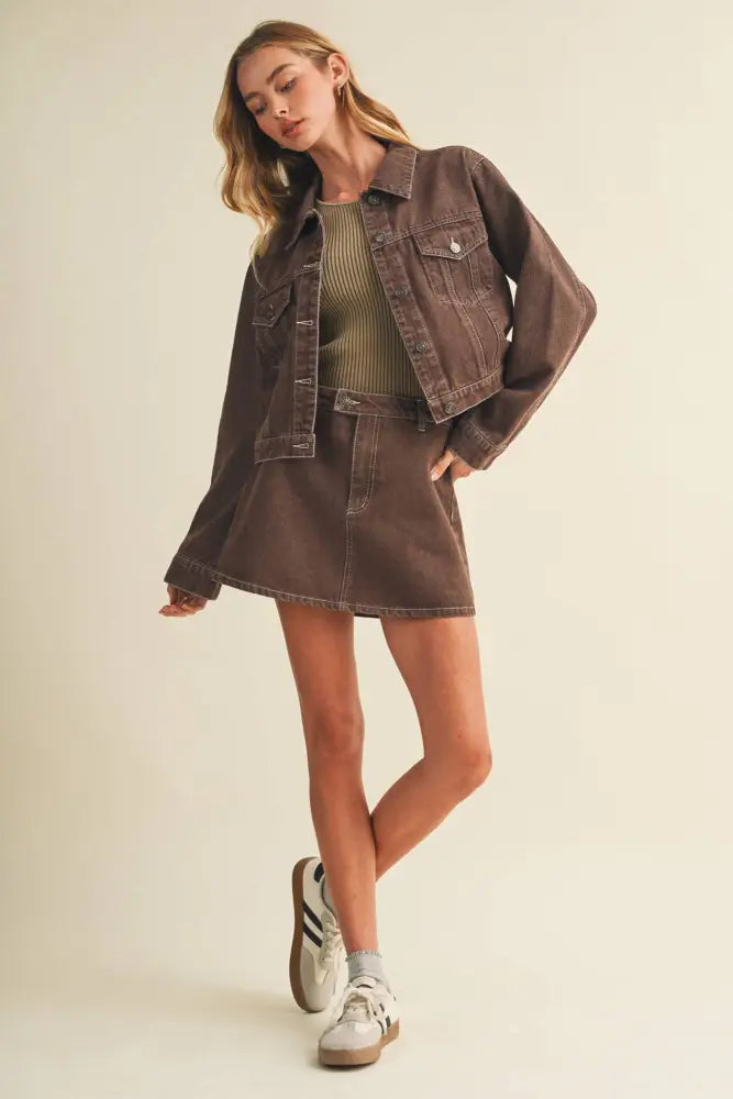 A-Line Garment-Dyed Denim Skort: CAMEL / S