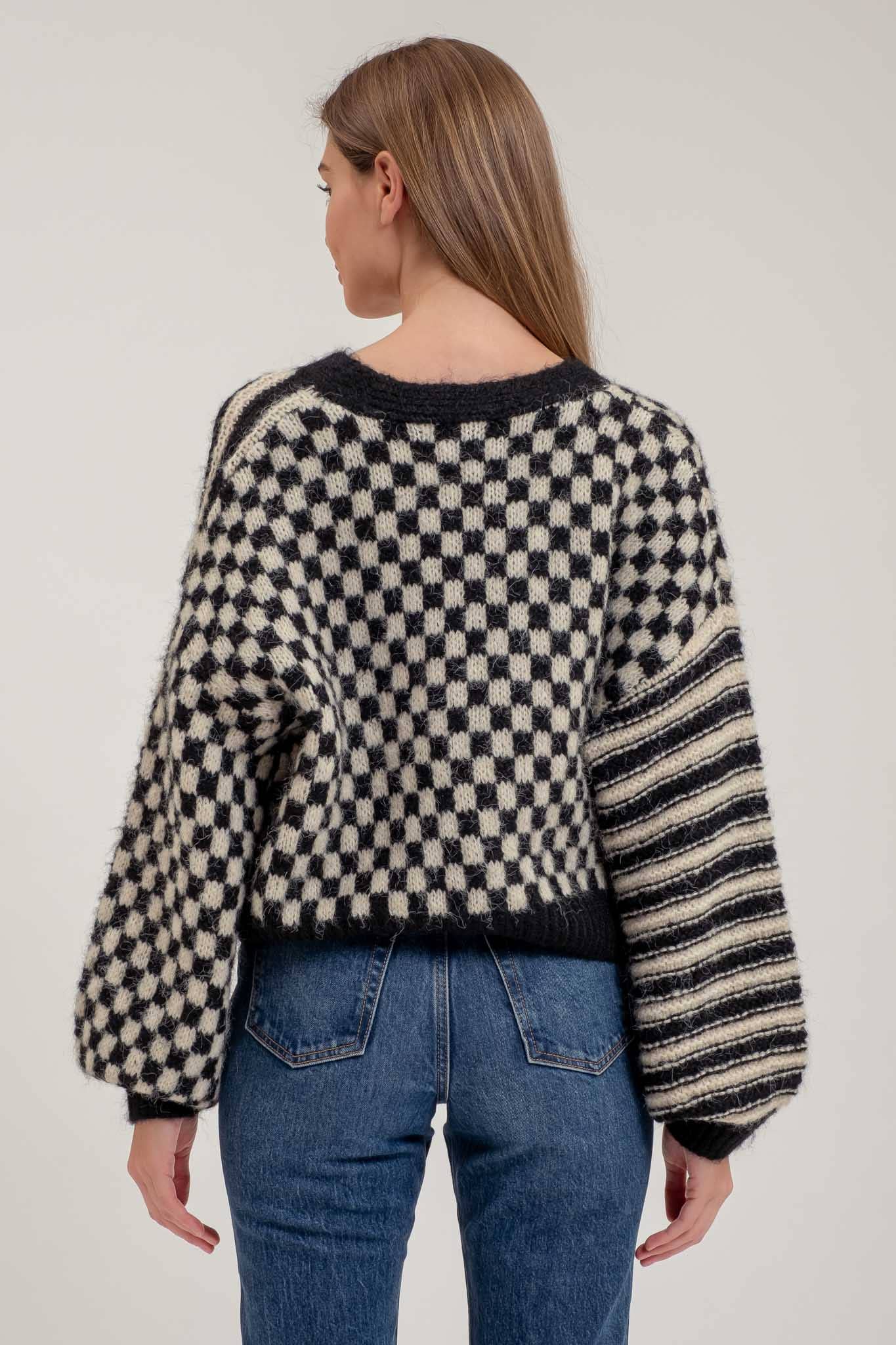 STRIPE AND CHECKERED DROP SHOULDER KNIT CARDIGAN: BLACK