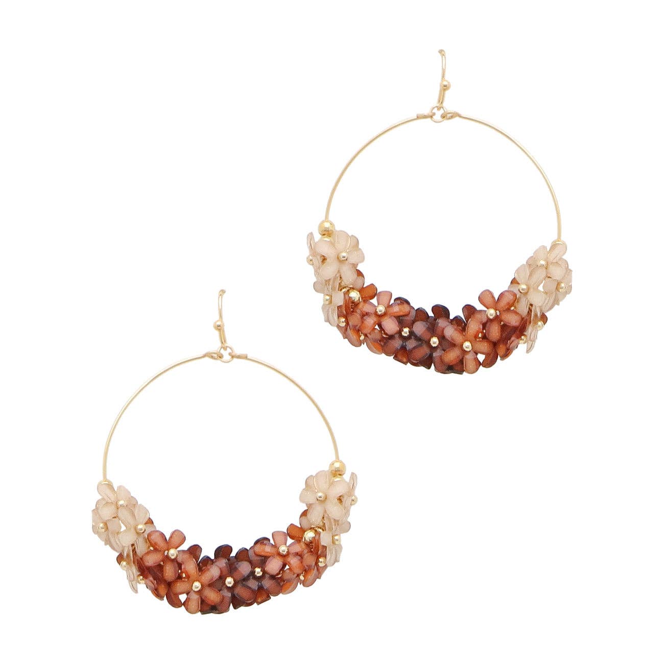 Brown Ombre Flowers on Gold Hoop 2" Earring